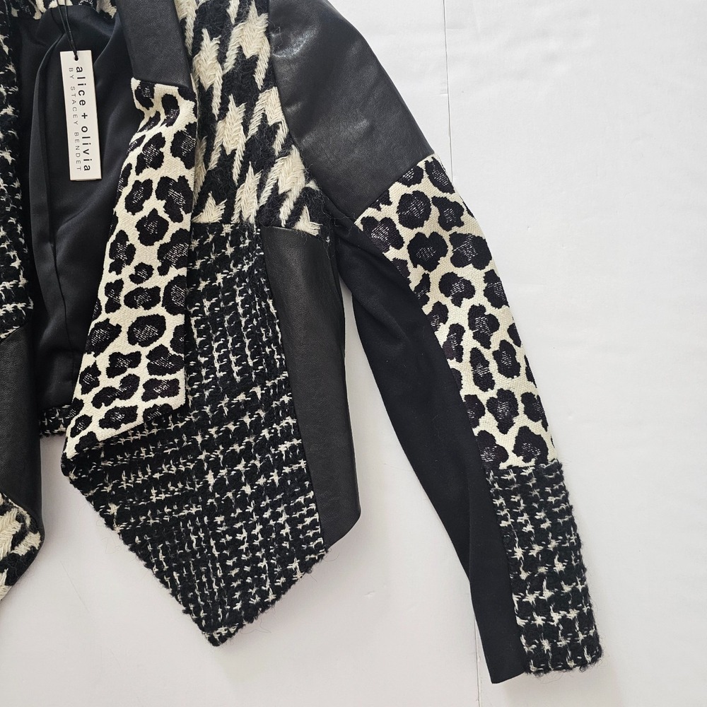 Alice + Olivia Small Harvey Cropped Tweed Leather Leopard Jacket Patchwork NWT - Picture 6 of 12